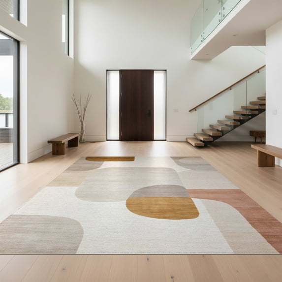 Design&I 8'x10' Washable Area Rug Beige Abstract Tan Geometric Neutral Interlocking Shapes Contemporary for Dining Room, Large Office, Lounge, Snag-Free