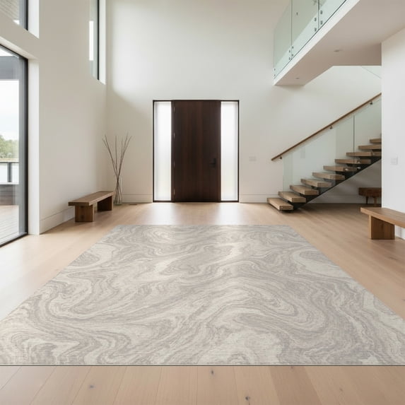 Design&I 8'x10' Washable Area Rug Beige Cream Flowing Motif Greige Transitional Print Neutral Plush for King Size Bedroom, Under Bed, Sleek Flatweave Pet Friendly