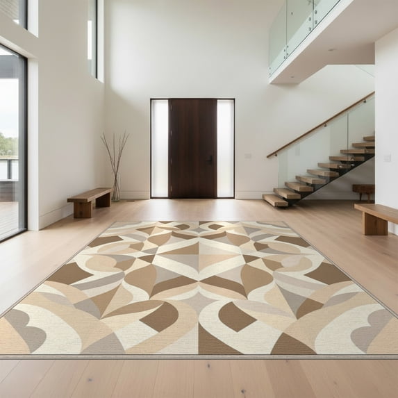 Design&I 8'x10' Washable Area Rug Beige Geometric Cream Motifs Minimalist Plush Neutral Greige for Living Room, Family Extra Large Skid-Resistant Low Profile