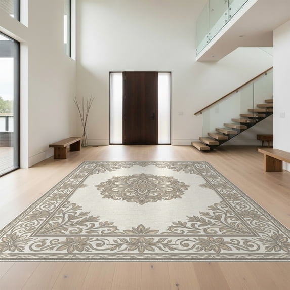 Design&I 8'x10' Washable Area Rug Beige Latte Boho Taupe Ivory Delicate Scrolling Balanced Farmhouse for Living Room, Family Extra Large Skid-Resistant Low Profile