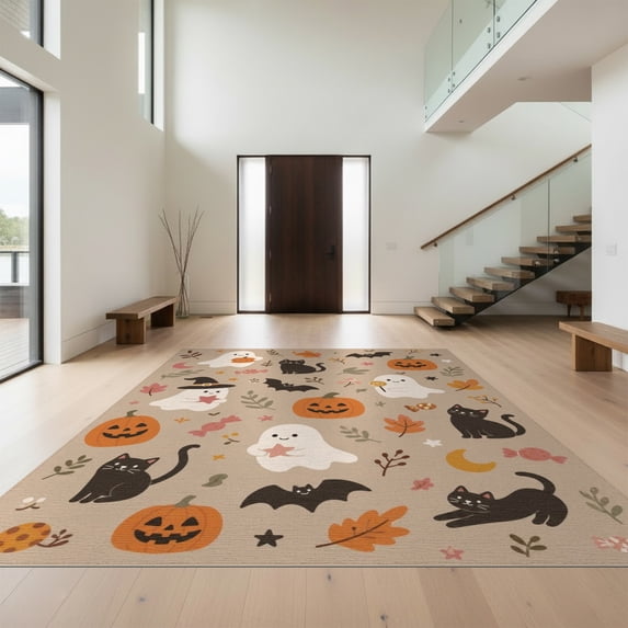 Design&I 8'x10' Washable Area Rug Beige Orange Whimsical Halloween Themed Design Charming Autumn Motifs with Playful Cats for Dining Room, Large Office, Lounge, Snag-Free