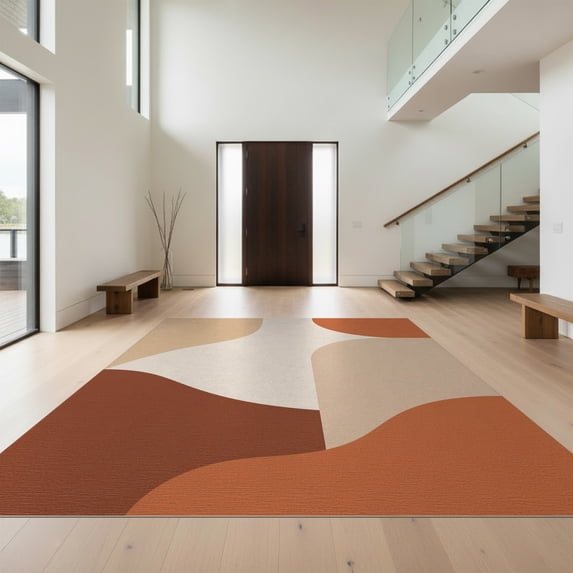 Design&I 8'x10' Washable Area Rug Beige Terracotta Abstract Waves Modern Geometric Design with Curves for Living Room, Family Extra Large Skid-Resistant Low Profile