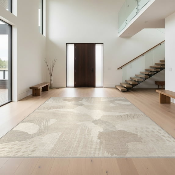 Design&I 8'x10' Washable Area Rug Beige Watercolor Cream Block Transitional Greige Neutral Plush for Living Room, Family Extra Large Skid-Resistant Low Profile