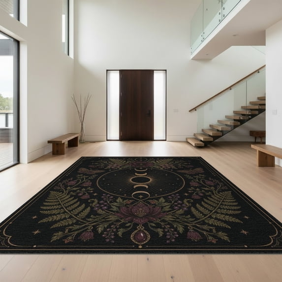 Design&I 8'x10' Washable Area Rug Black Gold Celestial Garden and Moon Phases Elegant Floral Astronomical Motifs for Living Room, Family Extra Large Skid-Resistant Low Profile