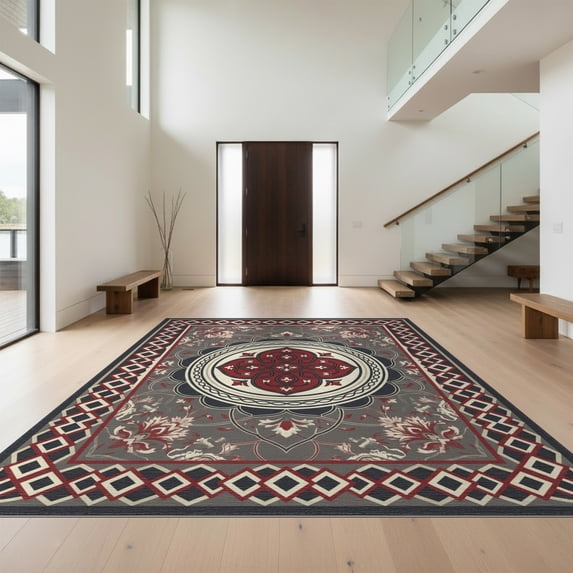Design&I 8'x10' Washable Area Rug Border Door Mongolian Checkered Nylon Hallway Assorted Boho Vintage Playful for Living Room, Family Extra Large Skid-Resistant Low Profile