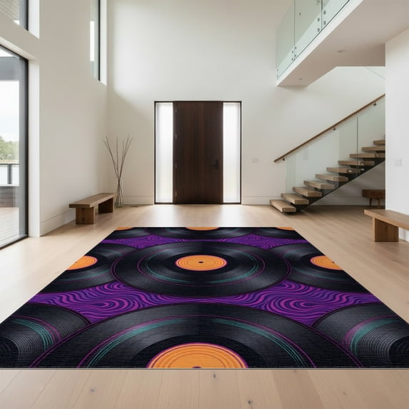 Design&I 8'x10' Washable Area Rug Cd Record Music Retro Groovy Swirl Border Tapete Redondo Wet Vinyl Refined for King Size Bedroom, Under Bed, Sleek Flatweave Pet Friendly