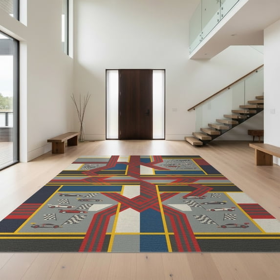 Design&I 8'x10' Washable Area Rug Checkered Grid Border Bold Track Loops Car Interlocking Stripes Playful for King Size Bedroom, Under Bed, Sleek Flatweave Pet Friendly