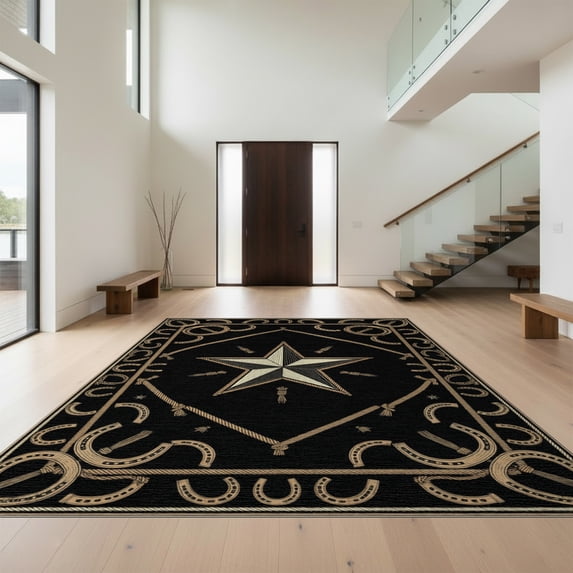 Design&I 8'x10' Washable Area Rug Cowboy Theme Entry Weathered Tan Cream Bathroom Themed Mens Hat for Dining Room, Large Office, Lounge, Snag-Free