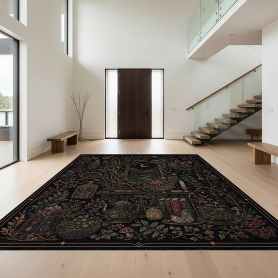 Design&I 8'x10' Washable Area Rug Dark Botanical Enchanted Scene Mystical Nature with Celestial Accents for King Size Bedroom, Under Bed, Sleek Flatweave Pet Friendly