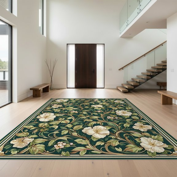 Design&I 8'x10' Washable Area Rug Dark Green Floral Elegance Ivory Ornate Botanical Design with Blossoms for Dining Room, Large Office, Lounge, Snag-Free