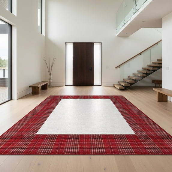 Design&I 8'x10' Washable Area Rug Decorations Plaid Tartan Gingham Border Door Under Doormat Layering for Living Room, Family Extra Large Skid-Resistant Low Profile