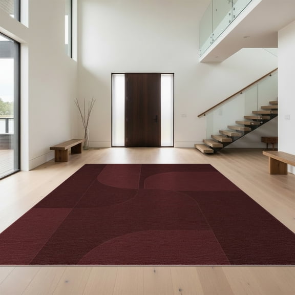 Design&I 8'x10' Washable Area Rug Deep Burgundy Geometric Elegance Modern Curved Lines with Minimalist Style for Dining Room, Large Office, Lounge, Snag-Free