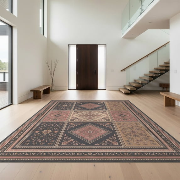 Design&I 8'x10' Washable Area Rug Distressed Scroll Border Ornate Bordered Symmetry Vintage Boho Panel Playful for King Size Bedroom, Under Bed, Sleek Flatweave Pet Friendly