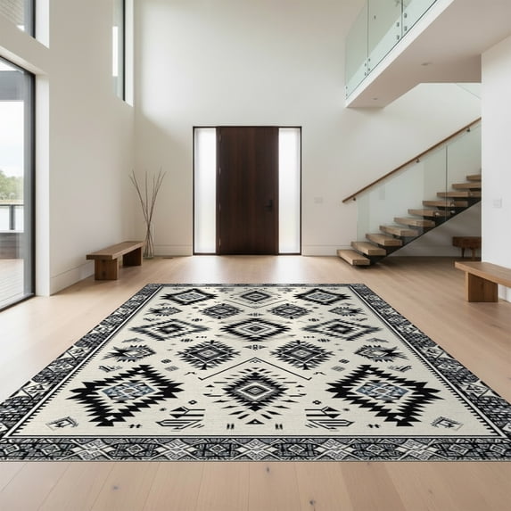 Design&I 8'x10' Washable Area Rug Door Southwestern Curved Abstract Motif Decorative Front Boho for Dining Room, Large Office, Lounge, Snag-Free
