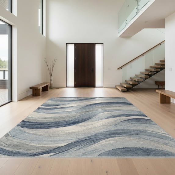 Design&I 8'x10' Washable Area Rug Dusty Blue Gray Flowing Brushwork Contemporary Abstract Design for King Size Bedroom, Under Bed, Sleek Flatweave Pet Friendly