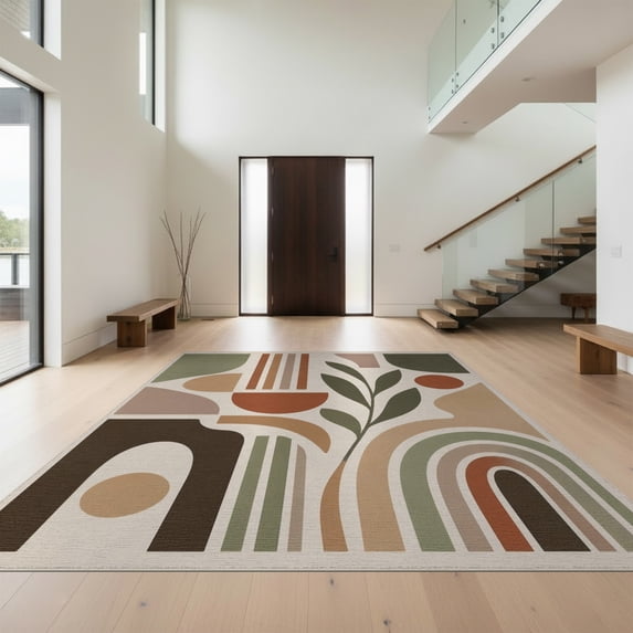 Design&I 8'x10' Washable Area Rug Earthy Tones Abstract Geometric Modern Shapes with Leaf Motif for Living Room, Family Extra Large Skid-Resistant Low Profile