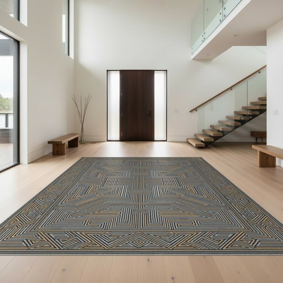 Design&I 8'x10' Washable Area Rug Extra Large Skid-Resistant Low Profile Abstract Grey Taupe Ash Repetition Center Field Decorative Artwork for Living Room, Family