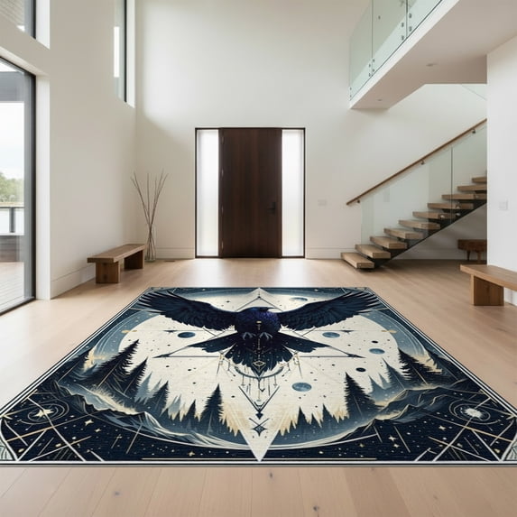 Design&I 8'x10' Washable Area Rug Extra Large Skid-Resistant Low Profile Ancient Crow Pentagram Rune Circle Gothic Mystical Raven Doormat for Living Room, Family