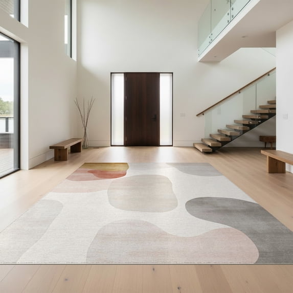 Design&I 8'x10' Washable Area Rug Extra Large Skid-Resistant Low Profile Beige Cream Abstract Brushstroke Contemporary Neutral Tone Plush for Living Room, Family