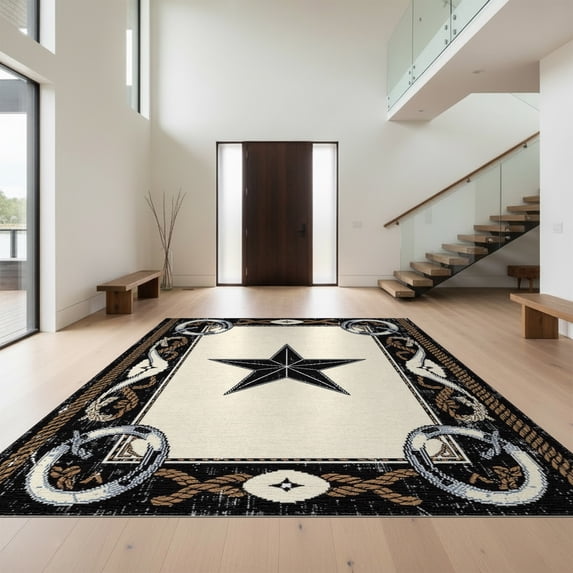 Design&I 8'x10' Washable Area Rug Extra Large Skid-Resistant Low Profile Cowboy Horseshoe Entry Border Decorative Covering Bathroom Themed for Living Room, Family