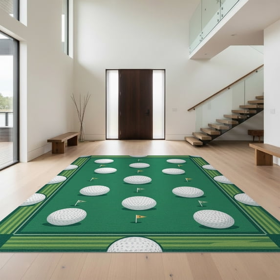 Design&I 8'x10' Washable Area Rug Extra Large Skid-Resistant Low Profile Golf Course Inspired Numbered Holes Striped Field Theme Athletic for Living Room, Family
