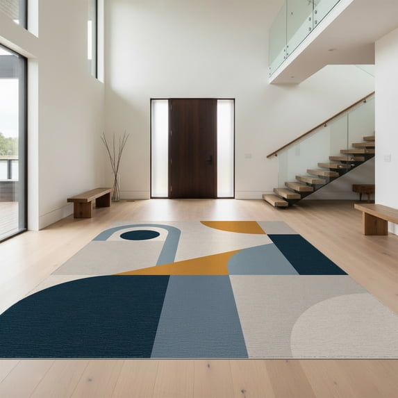 Design&I 8'x10' Washable Area Rug Extra Large Skid-Resistant Low Profile Muted Blue Mustard Geometric Art Modern Abstract Shapes with Bold Lines for Living Room, Family