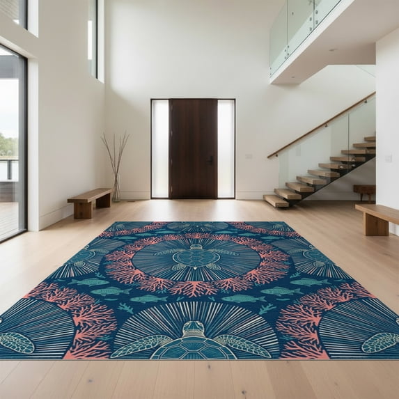 Design&I 8'x10' Washable Area Rug Extra Large Skid-Resistant Low Profile Ocean Coral Reef Border Nautical Seashell Fish Turtle Refined Structured for Living Room, Family