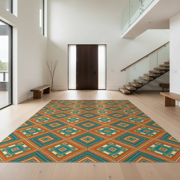 Design&I 8'x10' Washable Area Rug Extra Large Skid-Resistant Low Profile Orange Funky Vibrant Symmetrical Border Contrasting Tones Classroom for Living Room, Family