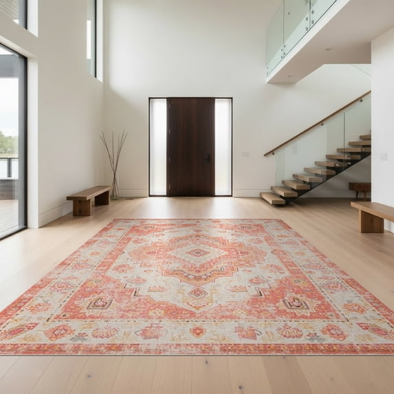 Design&I 8'x10' Washable Area Rug Extra Large Skid-Resistant Low Profile Pink Boho Vintage Ornate Southwestern Border Distressed Scroll for Living Room, Family