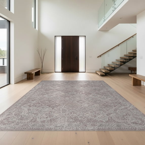 Design&I 8'x10' Washable Area Rug Extra Large Skid-Resistant Low Profile Purple Boho Vintage Trellis Distressed Motifs Abstract Scroll for Living Room, Family