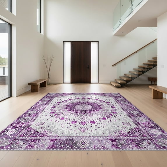 Design&I 8'x10' Washable Area Rug Extra Large Skid-Resistant Low Profile Purple Grey Boho Sunburst Medallion Intricate Petal Rings with Dotted Accents for Living Room, Family