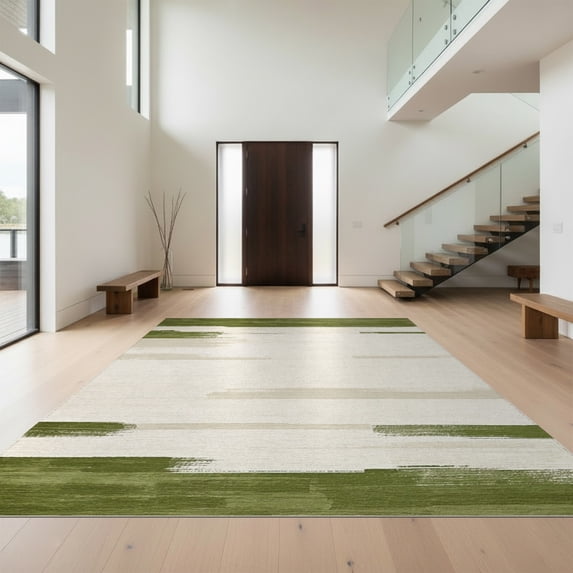 Design&I 8'x10' Washable Area Rug Extra Large Skid-Resistant Low Profile Sage Moss Abstract Brushstroke With Modern Farmhouse Accents for Living Room, Family