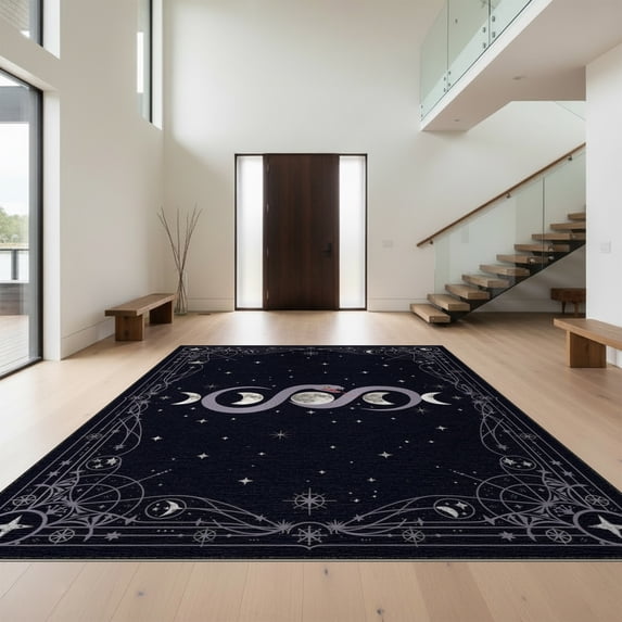 Design&I 8'x10' Washable Area Rug Extra Large Skid-Resistant Low Profile Snake Celestial Mystical With Witchy Moon Phases And Star Field for Living Room, Family