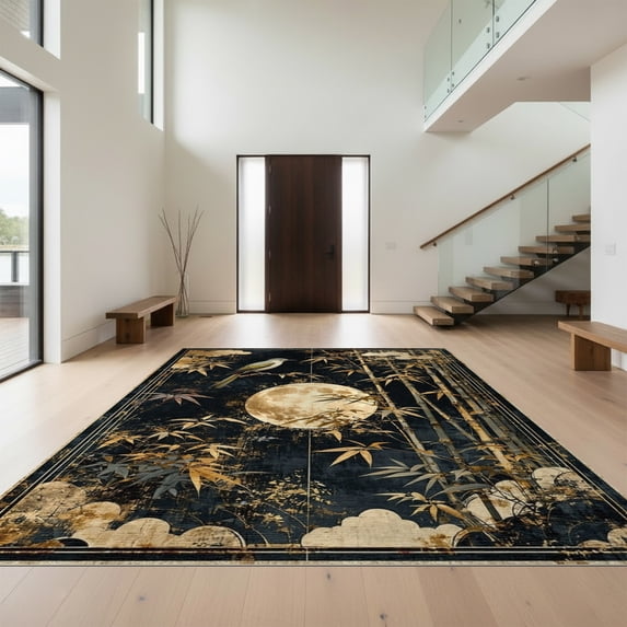 Design&I 8'x10' Washable Area Rug Extra Large Skid-Resistant Low Profile Snake Vintage Boho Bamboo With Gothic Bird Medallion Accents for Living Room, Family