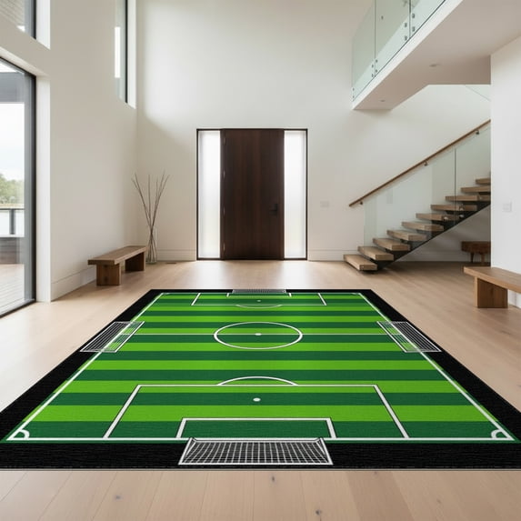 Design&I 8'x10' Washable Area Rug Extra Large Skid-Resistant Low Profile Striped Bold Goal Net Motif Door Center Markings Soccer Field Refined Structured for Living Room, Family
