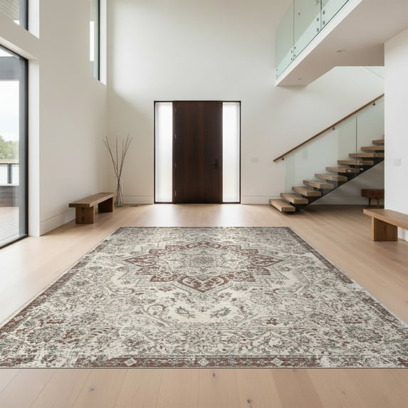 Design&I 8'x10' Washable Area Rug Extra Large Skid-Resistant Low Profile Vintage Boho Faded Ivory Teal Symmetrical Transitional Kilim for Living Room, Family