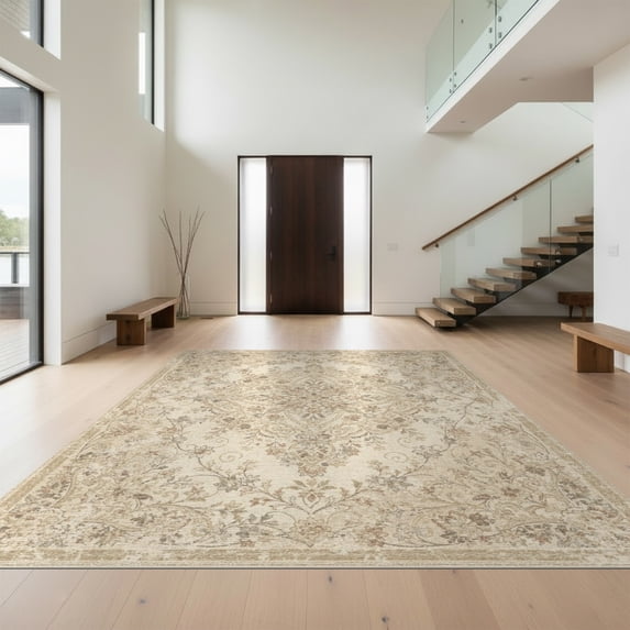 Design&I 8'x10' Washable Area Rug Farmhouse Cottage Core Faded Floral Vine Motif Decorative Design for Dining Room, Large Office, Lounge, Snag-Free