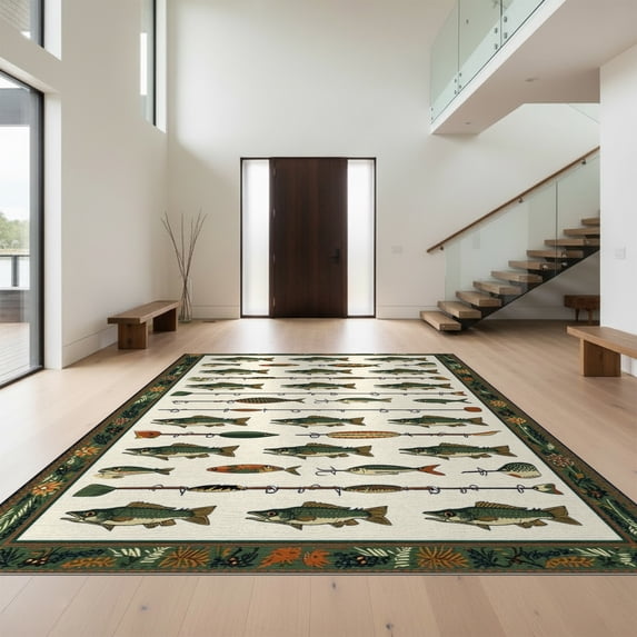 Design&I 8'x10' Washable Area Rug Fishing Vintage Bass Lure Trophy Motifs Border Wildlife Cabin for King Size Bedroom, Under Bed, Sleek Flatweave Pet Friendly