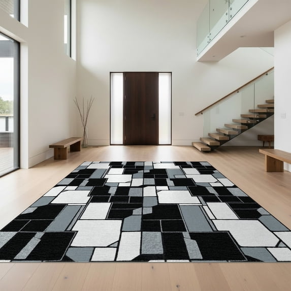 Design&I 8'x10' Washable Area Rug Fragmented Mosaic Interlocking Shapes Modern Abstract Design for King Size Bedroom, Under Bed, Sleek Flatweave Pet Friendly
