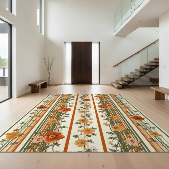 Design&I 8'x10' Washable Area Rug Funky Abstract Botanical Panel Striped Contemporary Decorative for Dining Room, Large Office, Lounge, Snag-Free