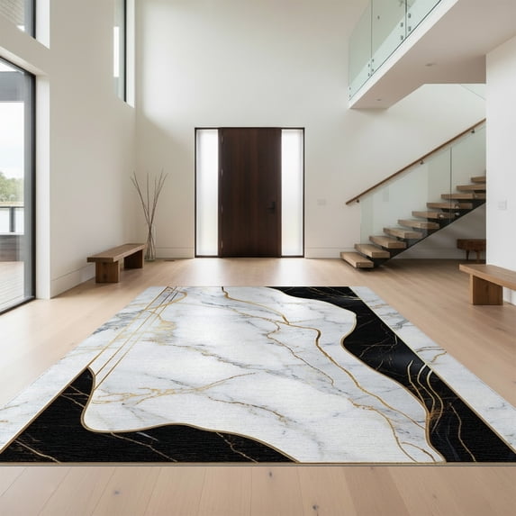 Design&I 8'x10' Washable Area Rug Geometric Contemporary Abstract Veining Bold Stripe Swirl Interlocking for King Size Bedroom, Under Bed, Sleek Flatweave Pet Friendly