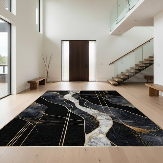 Design&I 8'x10' Washable Area Rug Geometric Swirl Abstract Stripe Veined Mineral Motif Border Interlocking for King Size Bedroom, Under Bed, Sleek Flatweave Pet Friendly