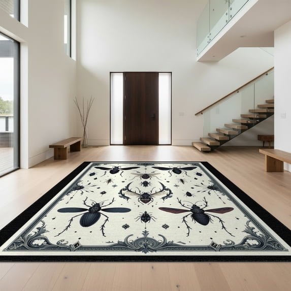 Design&I 8'x10' Washable Area Rug Gothic Insect With Ornate Victorian Scrollwork Border Accents for Dining Room, Large Office, Lounge, Snag-Free