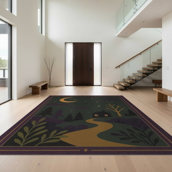 Design&I 8'x10' Washable Area Rug Green Nighttime Landscape with Celestial Accents Enchanting Forest Scene, Starry Sky, for Living Room, Family Extra Large Skid-Resistant Low Profile