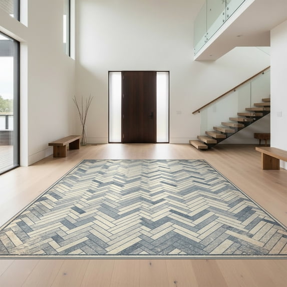 Design&I 8'x10' Washable Area Rug Herringbone Vintage Faded Interlocking Geometric Boho Washed Flowing Dynamic for Dining Room, Large Office, Lounge, Snag-Free