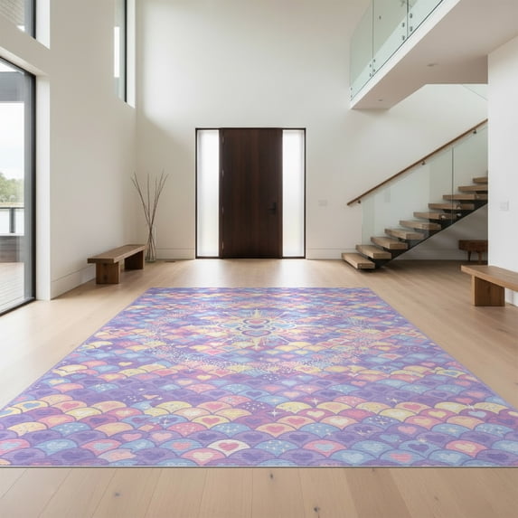 Design&I 8'x10' Washable Area Rug Mermaid Aesthetic Sparkle Border Kawaii Scale Cute Starfish Purple Flowing for King Size Bedroom, Under Bed, Sleek Flatweave Pet Friendly