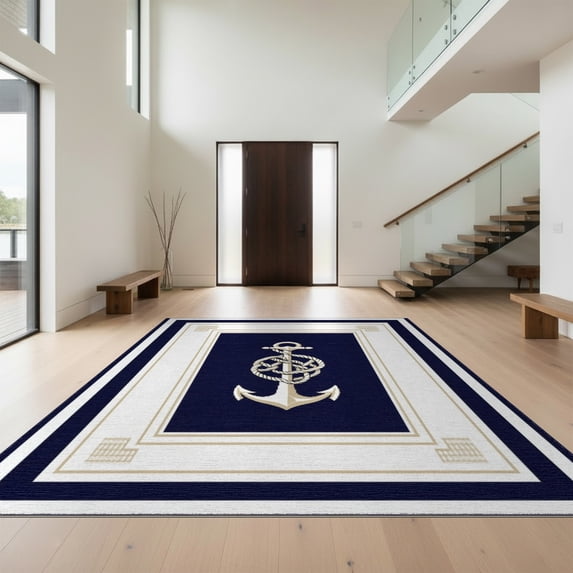 Design&I 8'x10' Washable Area Rug Nautical Maritime Knot With Anchor Emblem And Striped Border for Dining Room, Large Office, Lounge, Snag-Free