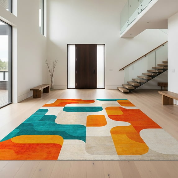 Design&I 8'x10' Washable Area Rug Orange Teal Funky Classroom Design Retro Abstract Swirls with Bold Curves for King Size Bedroom, Under Bed, Sleek Flatweave Pet Friendly