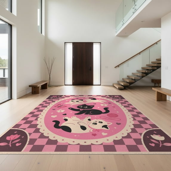Design&I 8'x10' Washable Area Rug Pink Black Playful Kittens and Floral Accents Charming Cat Motifs with Butterfly Heart for Dining Room, Large Office, Lounge, Snag-Free