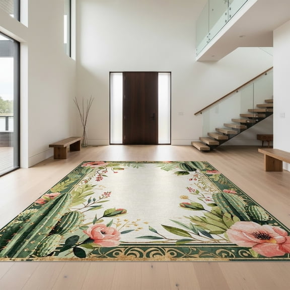 Design&I 8'x10' Washable Area Rug Plant Vintage Botanical Blooms Scroll Motif Abstract Southwestern for King Size Bedroom, Under Bed, Sleek Flatweave Pet Friendly